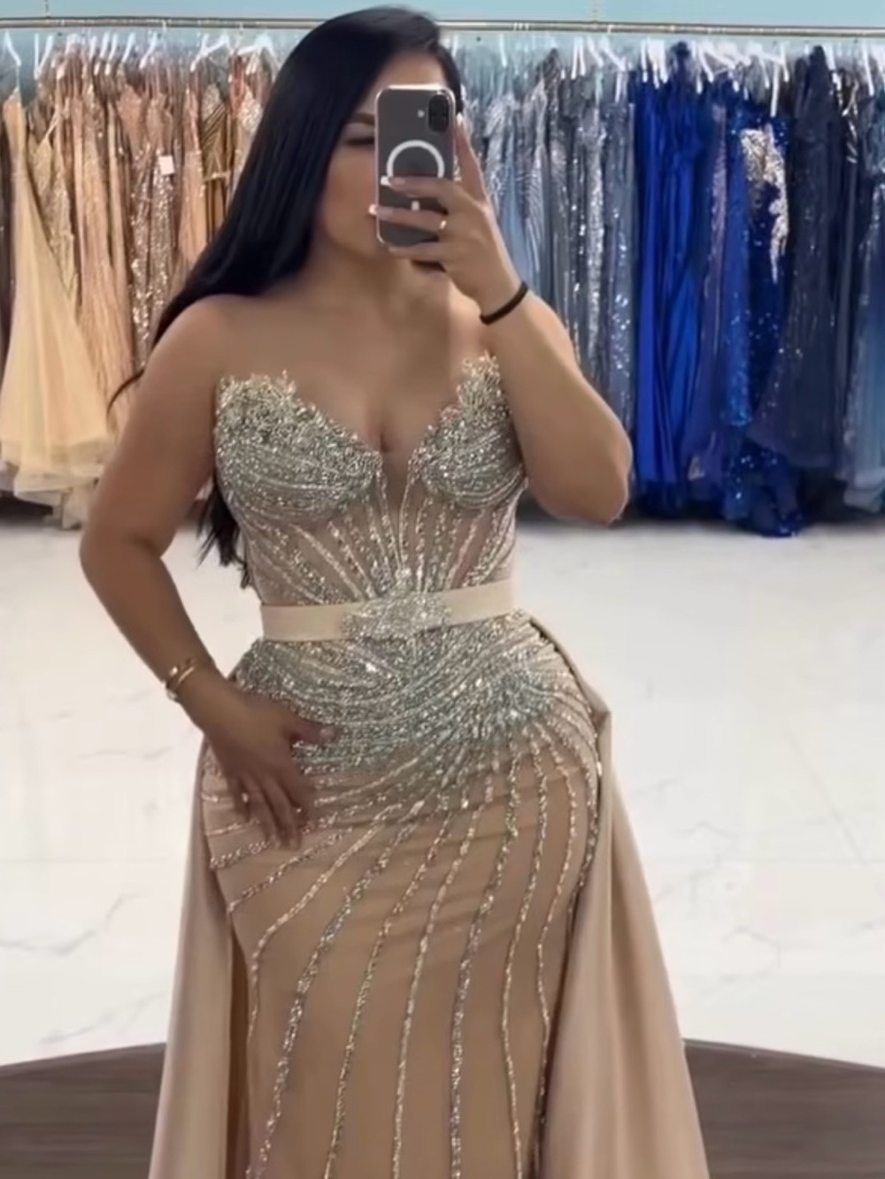 Strapless Beaded Champagne Evening Gown
